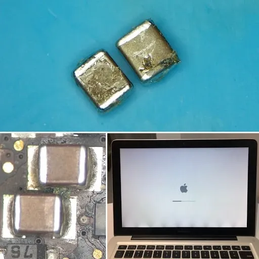 Uszkodzone kondensatory i MacBook po przywróceniu podświetlenia