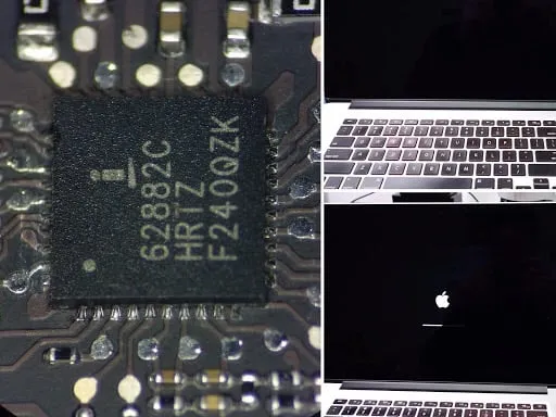 Układ na płycie głównej MacBook Pro Retina 15 i komputer po naprawie