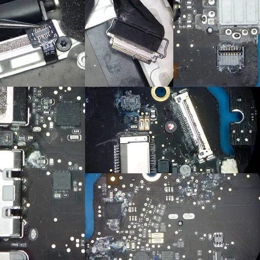Płyta główna zalanego MacBook Pro podczas naprawy