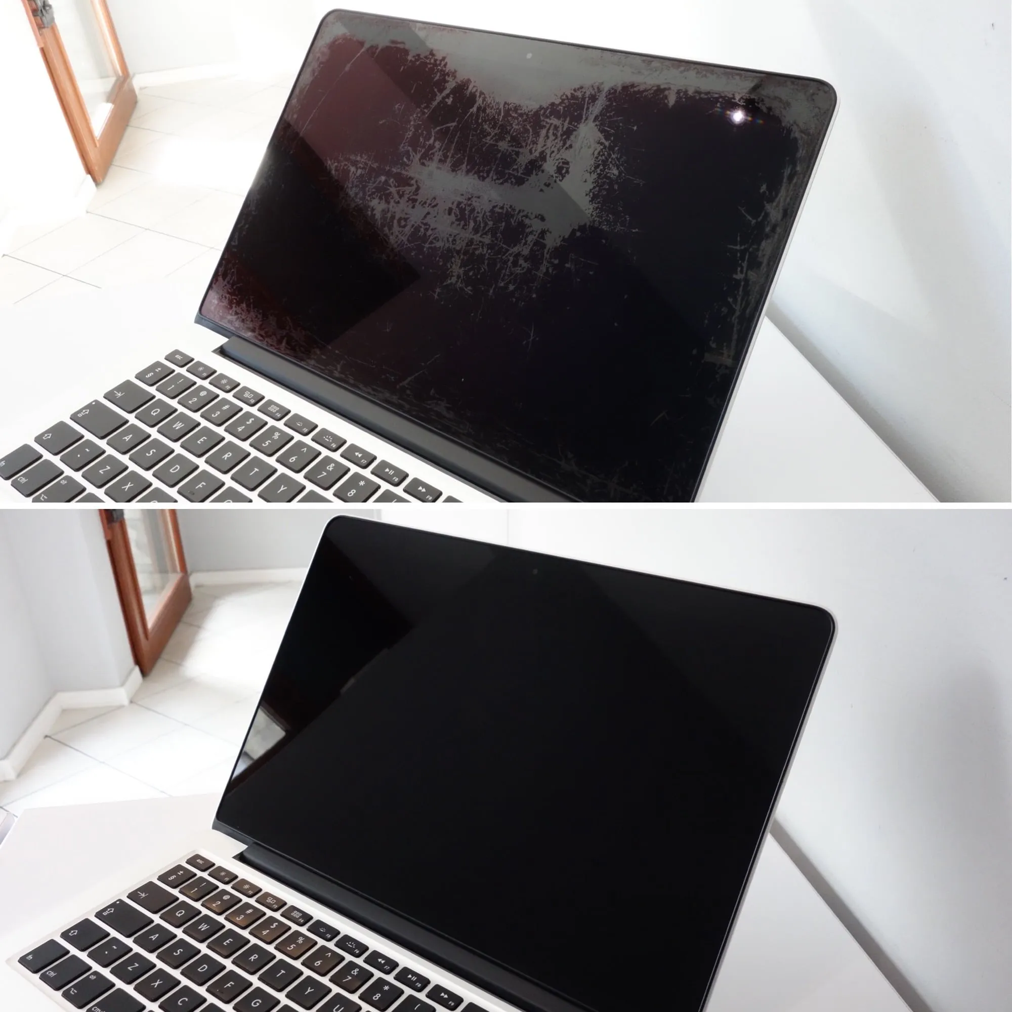 MacBook Pro Retina przed i po usunięciu powłoki antyrefleksyjnej