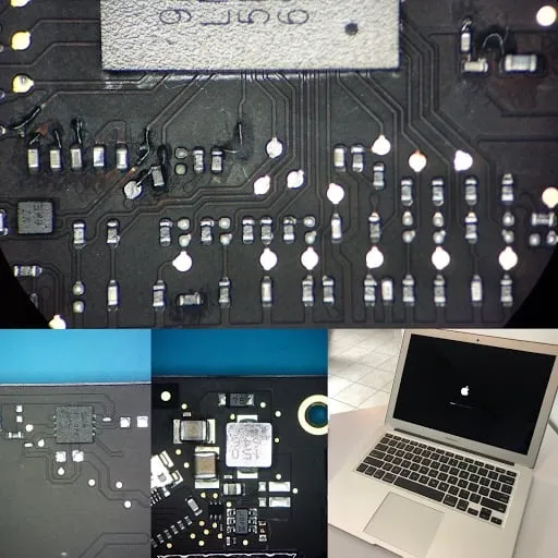Płyta główna MacBook Air z korozją po zalaniu kawą