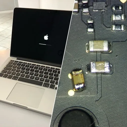MacBook po naprawie i uszkodzony kondensator z płyty głównej