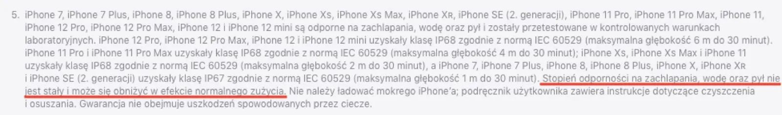 Informacja Apple o tym, że odporność na wodę może z czasem słabnąć